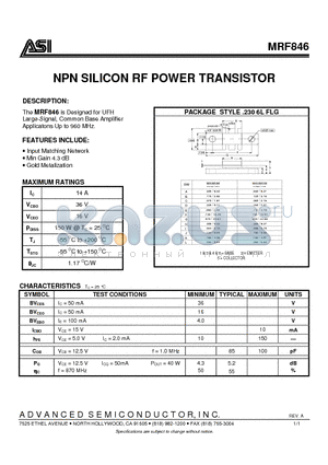 MRF846 datasheet - NPN SILICON RF POWER TRANSISTOR