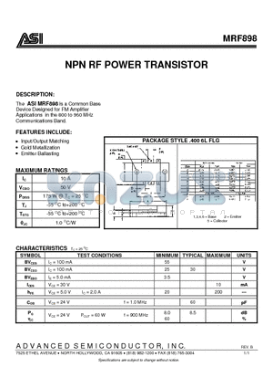 MRF898 datasheet - NPN RF POWER TRANSISTOR