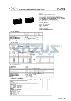 HG4509/012-1Z12 datasheet - LOW PROFILE MINIATURE PCB POWER RELAY