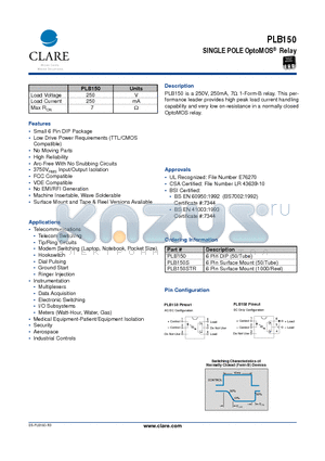 PLB150S datasheet - SINGLE POLE OptoMOS Relay