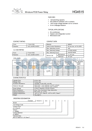 HG4515/006-H1SF datasheet - Miniature PCB Power Relay