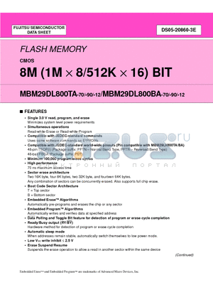 MBM29DL800BA-90 datasheet - 8M (1M X 8/512K X 16) BIT