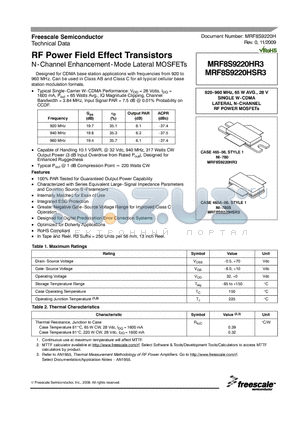 MRF8S9220HSR3 datasheet - RF Power Field Effect Transistors N-Channel Enhancement-Mode Lateral MOSFETs