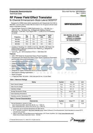 MRF8S9200NR3_10 datasheet - RF Power Field Effect Transistor N--Channel Enhancement--Mode Lateral MOSFET