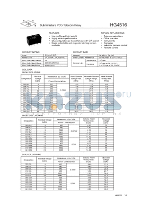 HG4516/006-1CM datasheet - Subminiature PCB Telecom Relay