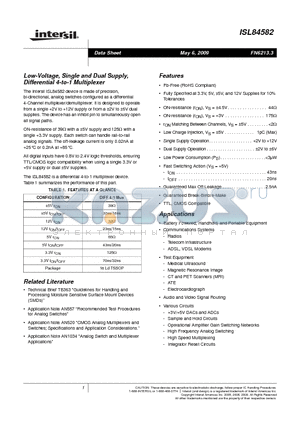 ISL84582 datasheet - Low-Voltage, Single and Dual Supply, Differential 4-to-1 Multiplexer