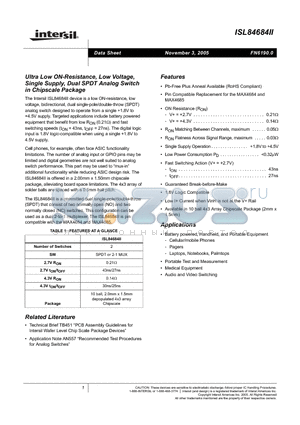 ISL84684II datasheet - Ultra Low ON-Resistance, Low Voltage, Single Supply, Dual SPDT Analog Switch in Chipscale Package