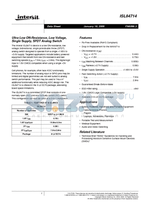 ISL84714 datasheet - Ultra Low ON-Resistance, Low Voltage, Single Supply, SPDT Analog Switch