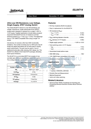 ISL84714IHZ-T datasheet - Ultra Low ON-Resistance, Low Voltage, Single Supply, SPDT Analog Switch