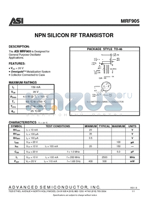 MRF905 datasheet - NPN SILICON RF TRANSISTOR