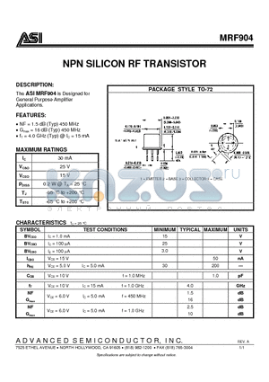 MRF904 datasheet - NPN SILICON RF TRANSISTOR