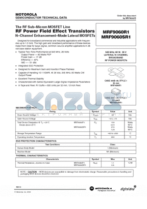 MRF9060R1 datasheet - 945 MHz, 60 W, 26 V LATERAL N-CHANNEL BROADBAND RF POWER MOSFETs