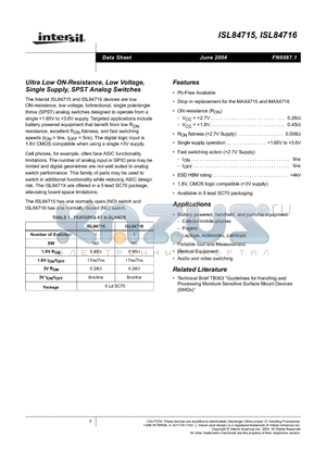 ISL84715IHZ-T datasheet - Ultra Low ON-Resistance, Low Voltage, Single Supply, SPST Analog Switches