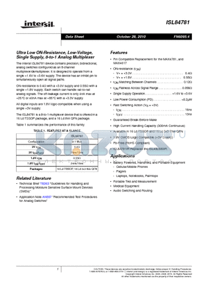 ISL84781IRZ datasheet - Ultra Low ON-Resistance, Low-Voltage, Single Supply, 8-to-1 Analog Multiplexer