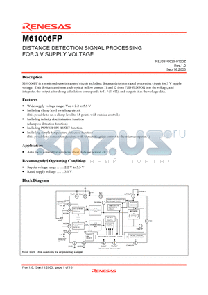 M61006FP datasheet - DISTANCE DETECTION SIGNAL PROCESSING FOR 3 V SUPPLY VOLTAGE