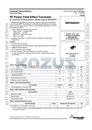 MRF9060NR1 datasheet - RF Power Field Effect Transistor N-Channel Enhancement-Mode Lateral MOSFET