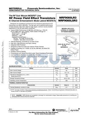 MRF9085LR3 datasheet - 880 MHz, 90 W, 26 V LATERAL N-CHANNEL RF POWER MOSFETs