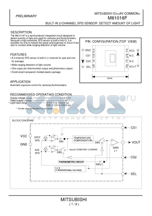 M61016F datasheet - BUILTIN 2-CHANNEL SPD SENSOR DETECT AMOUNT OF LIGHT