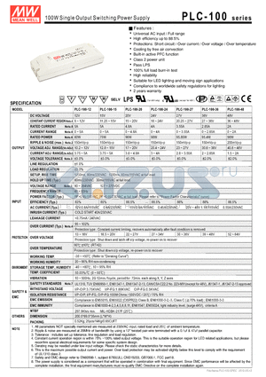 PLC-100-12 datasheet - 100W Single Output Switching Power Supply