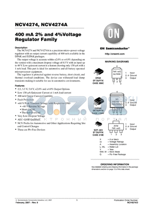 NCV4274AST33T3G datasheet - 400 mA 2% and 4%Voltage Regulator Family