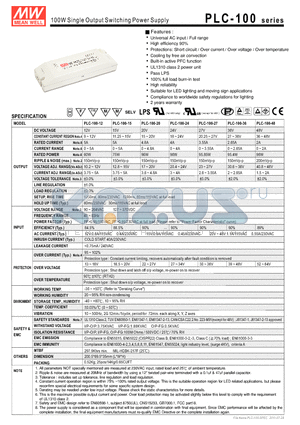 PLC-100-15 datasheet - 100W Single Output Switching Power Supply