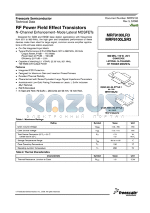 MRF9100LR3 datasheet - RF Power Field Effect Transistors N-Channel Enhancement-Mode Lateral MOSFETs