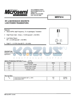 MRF914 datasheet - RF & MICROWAVE DISCRETE LOW POWER TRANSISTORS