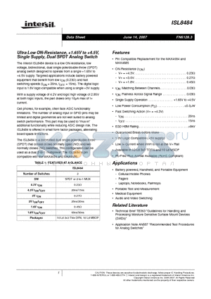 ISL8484 datasheet - Ultra Low ON-Resistance, 1.65V to 4.5V, Single Supply, Dual SPDT Analog Switch