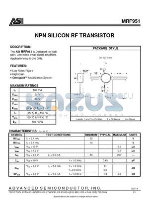 MRF951 datasheet - NPN SILICON RF TRANSISTOR