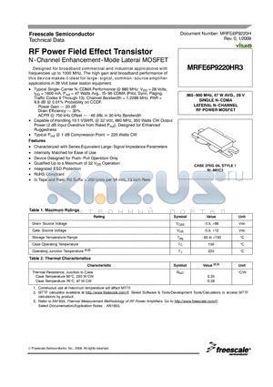 MRFE6P9220HR3 datasheet - RF Power Field Effect Transistor N-Channel Enhancement-Mode Lateral MOSFET