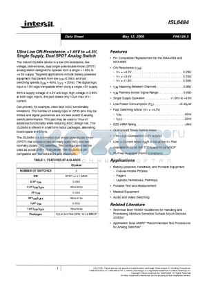 ISL8484IUZ datasheet - Ultra Low ON-Resistance, 1.65V to 4.5V, Single Supply, Dual SPDT Analog Switch