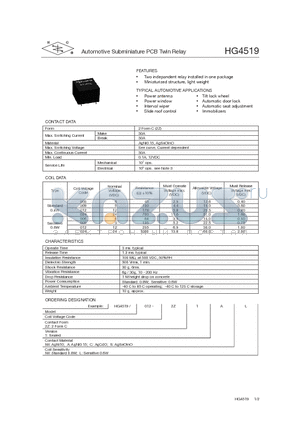 HG4519/006-2Z1SL datasheet - Automotive Subminiature PCB Twin Relay