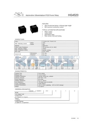 HG4520 datasheet - Automotive Ultraminiature PCB Power Relay