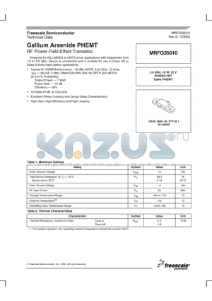 MRFG35010 datasheet - Gallium Arsenide PHEMT RF Power Field Effect Transistor