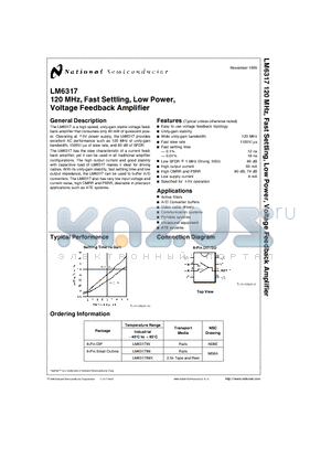 LM6317IN datasheet - 120 MHz, Fast Settling, Low Power, Voltage Feedback Amplifier