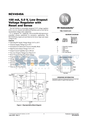 NCV4949ADR2G datasheet - 100 mA, 5.0 V, Low Dropout Voltage Regulator with Reset and Sense