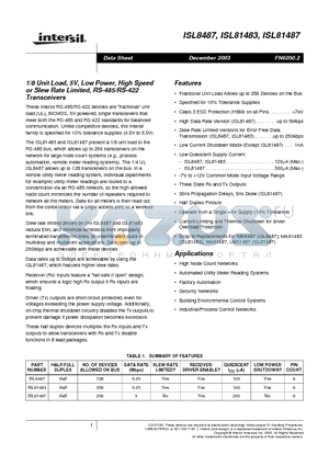 ISL8487 datasheet - 1/8 Unit Load, 5V, Low Power, High Speed or Slew Rate Limited, RS-485/RS-422 Transceivers