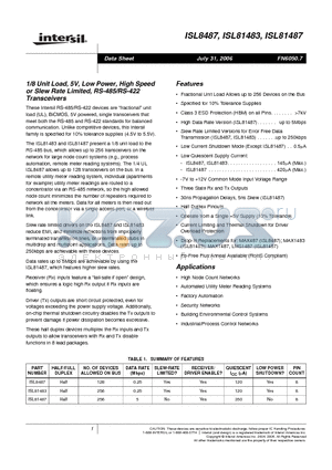 ISL8487 datasheet - 1/8 Unit Load, 5V, Low Power, High Speed or Slew Rate Limited, RS-485/RS-422 Transceivers