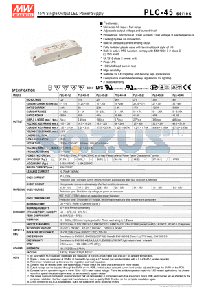 PLC-45 datasheet - 45W Single Output LED Power Supply