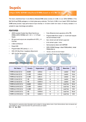 HYMP512U72P8-E3 datasheet - 240pin DDR2 SDRAM Unbuffered DIMMs based on 512 Mb 1st ver.