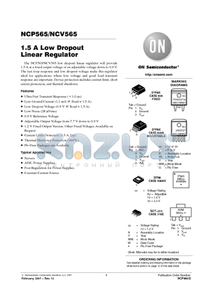 NCV565D2TG datasheet - 1.5 A Low Dropout Linear Regulator