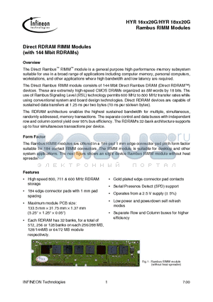 HYR1612820G-840 datasheet - Direct RDRAM RIMM Modules (with 144 Mbit RDRAMs)