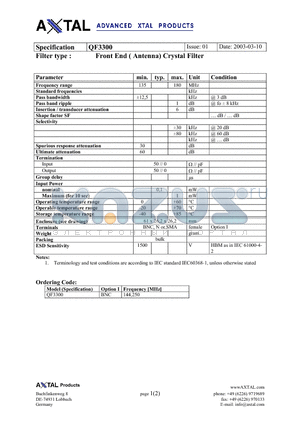 QF3300 datasheet - Front End ( Antenna) Crystal Filter