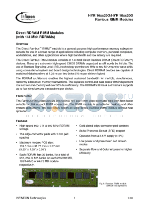 HYR163220G-840 datasheet - Direct RDRAM RIMM Modules (with 144 Mbit RDRAMs)