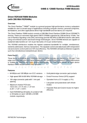 HYR163249G-653 datasheet - Direct RDRAM RIMM Modules (with 288 Mbit RDRAMs)