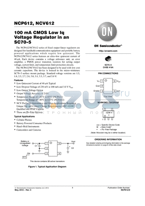 NCV612SQ28T1G datasheet - 100 mA CMOS Low Iq Voltage Regulator in an SC70-5