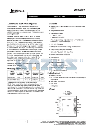 ISL85001 datasheet - 1A Standard Buck PWM Regulator