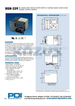 HGN-339-6M-F-160 datasheet - IEC 60320 INLET SOCKET WITH SWITCH, VOLTAGE SELECT AND A FUSE HOLDER, SNAP-IN MOUNT