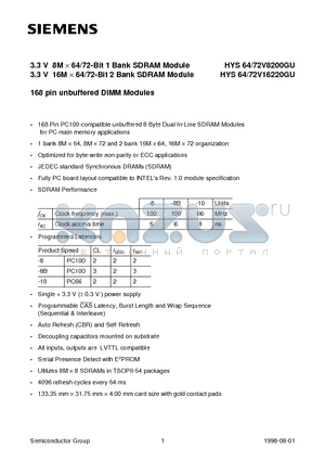 HYS64-74V8200GU datasheet - 3.3 V 8M x 64/72-Bit 1 Bank SDRAM Module 3.3 V 16M x 64/72-Bit 2 Bank SDRAM Module