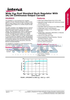 ISL85033IRTZ datasheet - Wide VIN Dual Standard Buck Regulator With 3A/3A Continuous Output Current